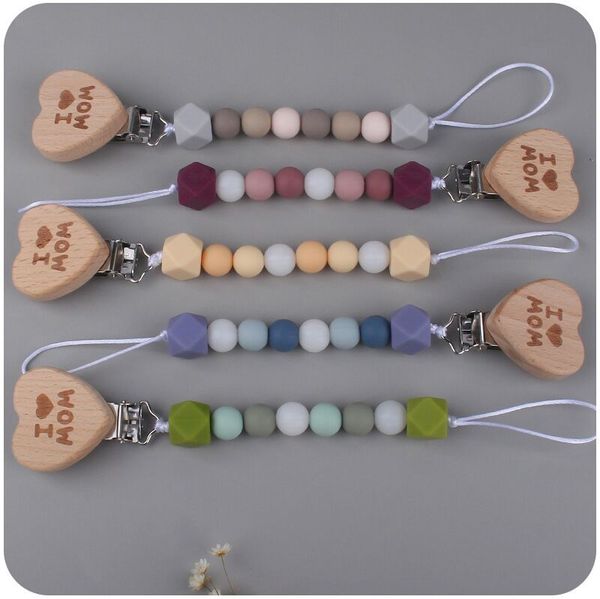 

baby clip chain holder i love mom wood beaded pacifier soother nipple teether strap chain