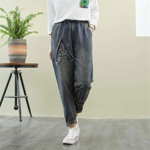 

arrival autumn arts style patchwork embroidery loose vintage jeans for women elastic waist cotton denim harem pants m337 210512, Blue
