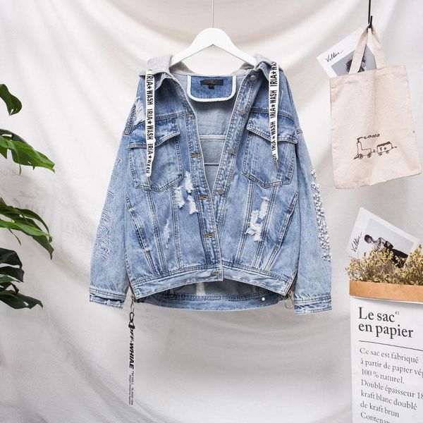 

women's hoodies & sweatshirts plus size ripped woman denim full sleeve patchwork zip up autumn hooded letters beaded jacket mujer, Black