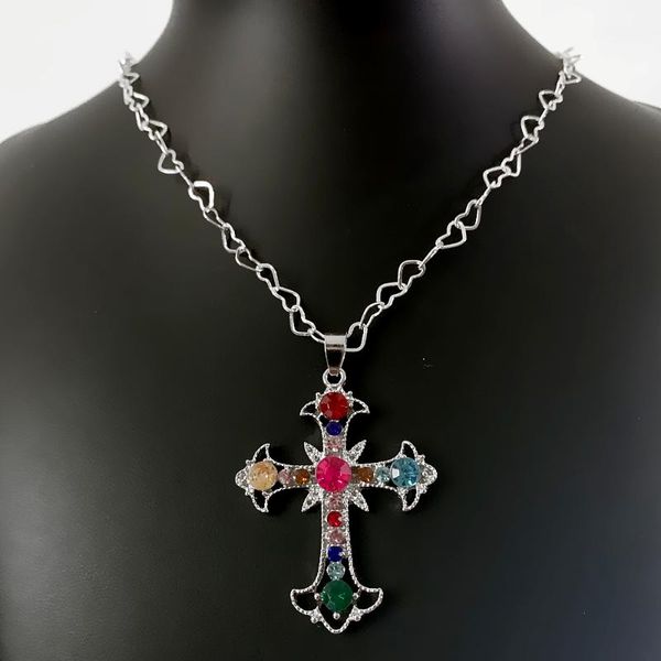 

pendant necklaces exquisite color rhinestone inlaid metal cross heart-shaped chain necklace gift jewelry, Silver