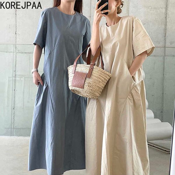 

korejpaa women dress summer korean minimalist round neck double pocket side pleated loose big swing short-sleeved vestidos 210526, Black;gray