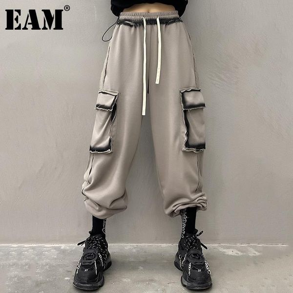

women's pants & capris [eam] high elastic waist gray tie dye long harem trousers loose fit women fashion tide spring autumn 2021 1de161, Black;white