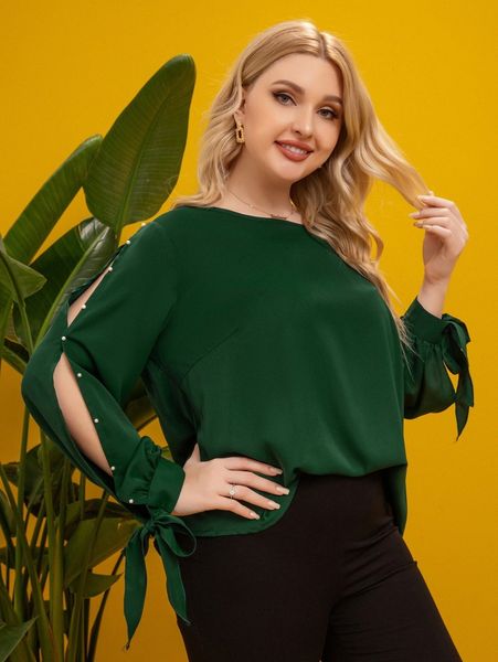 

plus pearls beaded split sleeve knot cuff blouse 18qm#, Black