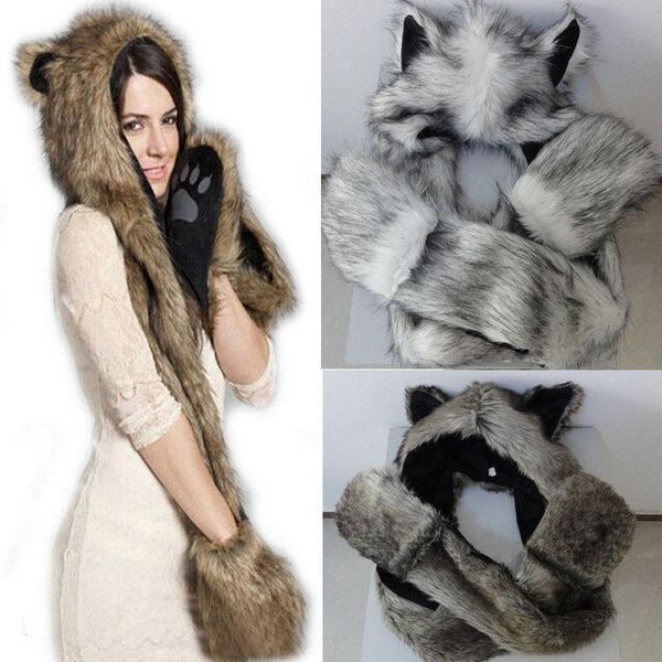 

outdoor hats animal hat faux fur brand hood scarf shawl fluffy glove plush cap, Black;white