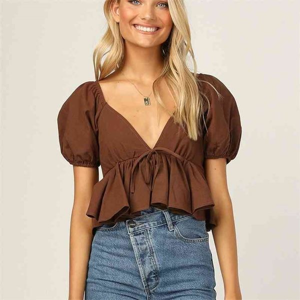 

floral v-neck back hollow lace-up short sleeve midriff crop summer women casual wild home clothing streetwears 210524, White