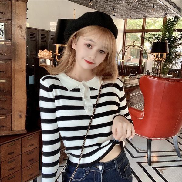 

women's sweaters korean style fall wear long sleeves sweater lapel creative strip.kio, White;black
