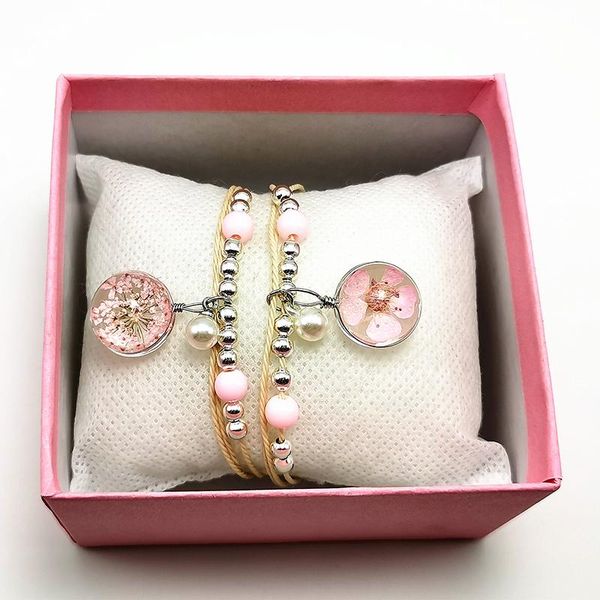 

pink cherry blossom bracelet for teenage girls really dried flower charm beads friendship friends cute kawaii bracelets, Golden;silver