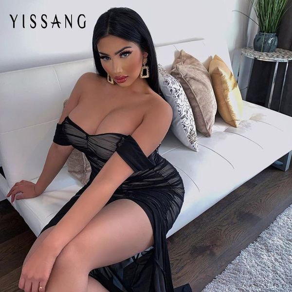

casual dresses yissang double layer mesh dress women off shoulder warped backless high split party elegant 2021 autumn, Black;gray