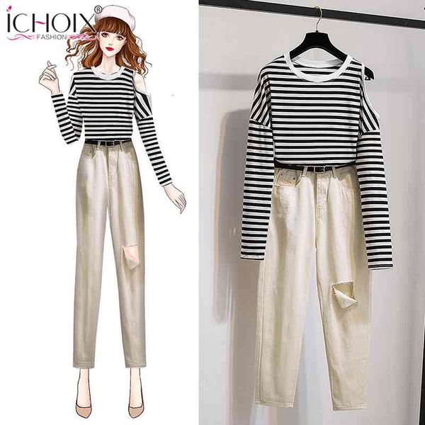 

women's sweaters special two-piece suit autumn long black sleeve striped shirt + torn apricot pants jeans 2 piece sets by3k, White;black