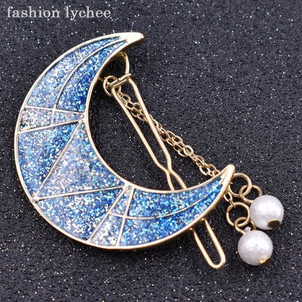 

hair clips & barrettes fashion lychee elegant glitter crescent moon clip barrette artificial pearls fringe dangling jewelry for women, Golden;silver