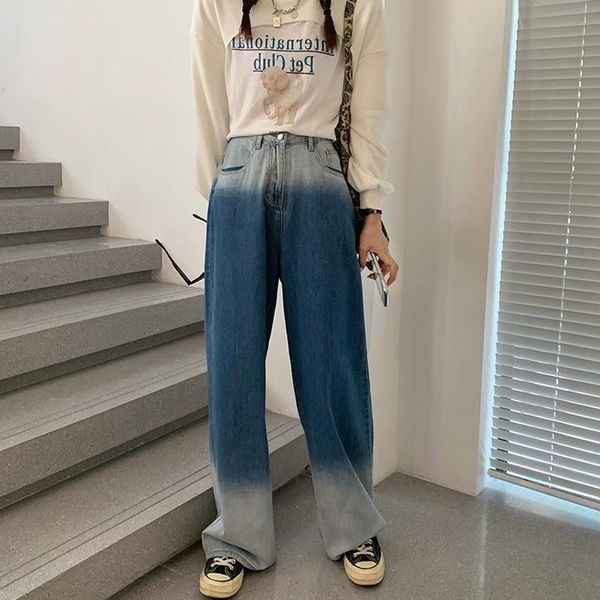 

lugentolo jeans woman high waist wide legs gradient color autumn korean fashion loose zipper full length womens pants women's, Blue