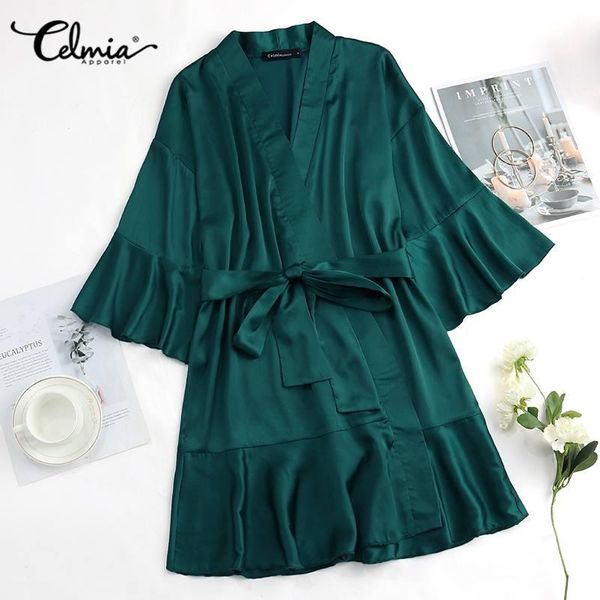 

s-5xl satin nightgown celmia women short sleepwear 2021 summer 3/4 sleeve ruffles nightdress ladies belted kimono robes 7 women's, Black;red