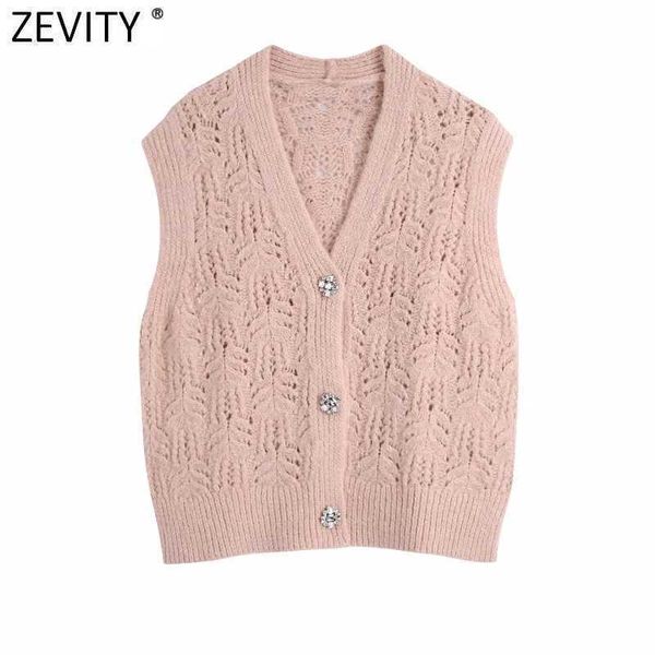 

zevity women fashion v neck hollow out crochet knitting sweater ladies sleeveless diamond button vest cardigans chic sw842 210603, White;black