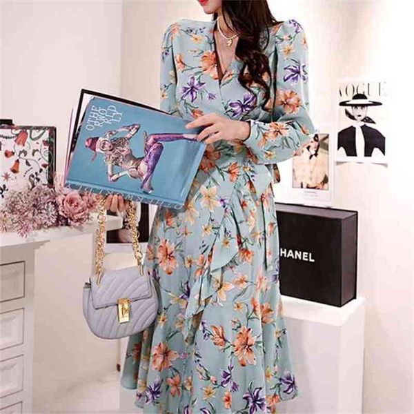 

women print lace-up cascading ruffle chiffon dress femme v-neck long sleeve dresses casual lady loose clothes 210603, Black;gray