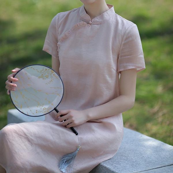 

ethnic clothing 2021 summer chinese style daily cheongsam hanfu loose disc button temperament pink mid-length elegant dress, Red