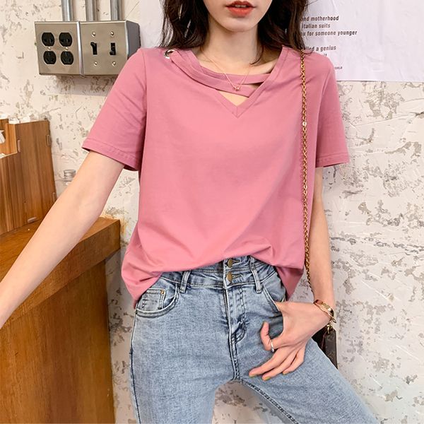 

hollow out woman tshirts white cotton 2021 summer korean fashion clothing solid short sleeve v-neck girls pullover