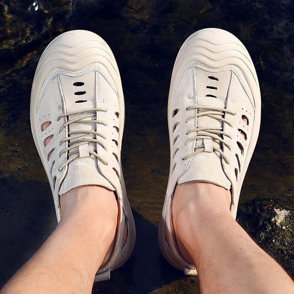 

sandals summer men outdoor breathable hole shoes moccasins footwear male flats hollow leather business casual handmade, Black