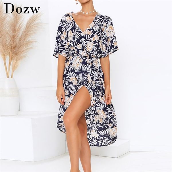 

women wrap long dress summer boho floral print beach v-neck split party elegant sundress robe femme 210515, Black;gray