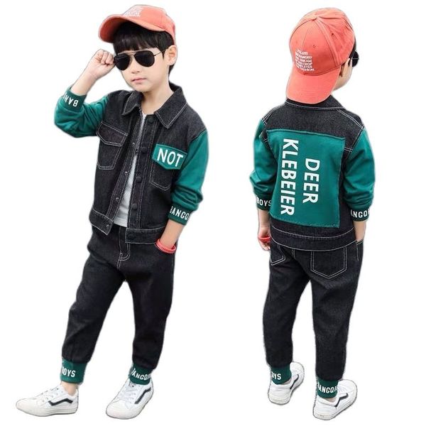 

spring & autumn cowboy boy sets new 2021 korean version fashion 2-piece jean jacket printing handsome casual childrens clothing, White