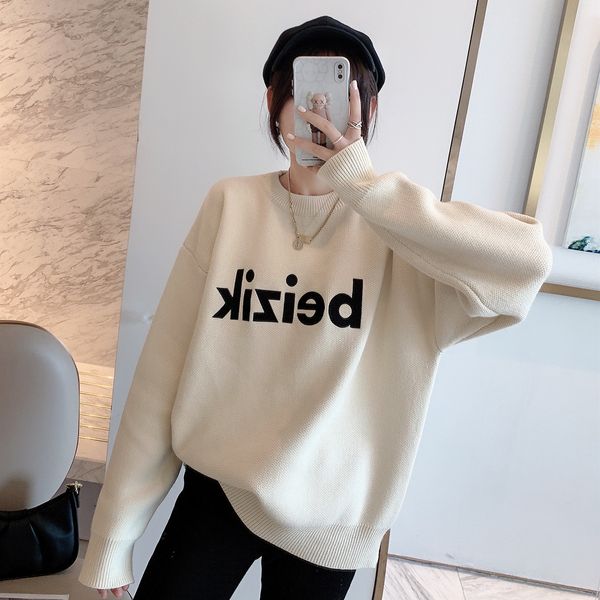 

chao heavy industry embroidery letter round neck long sleeve women's korean loose casual sweater couple autumn, White