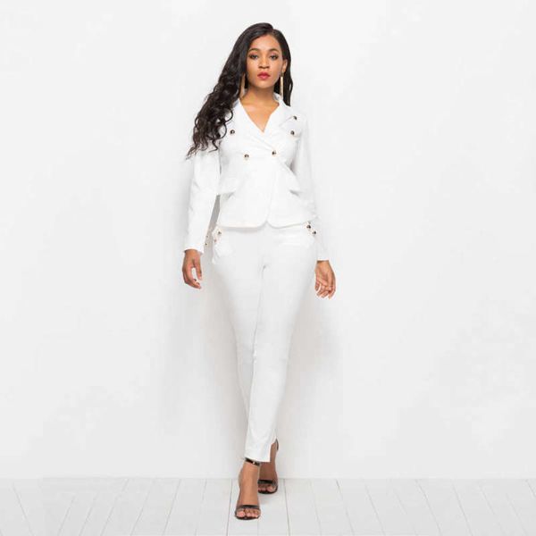 Outono inverno mulheres mulheres elegante terno 2 peça conjunto branco blazer casaco lápis magro longo calça escritório senhora jaqueta fêmea roupas 210927