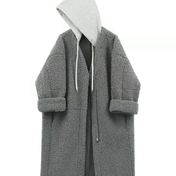 

women's trench coats [ewq] women windbreaker stitching hooded ladies faux lamb wool clothing coat outwear overcoat 2021 autumn winter, Tan;black