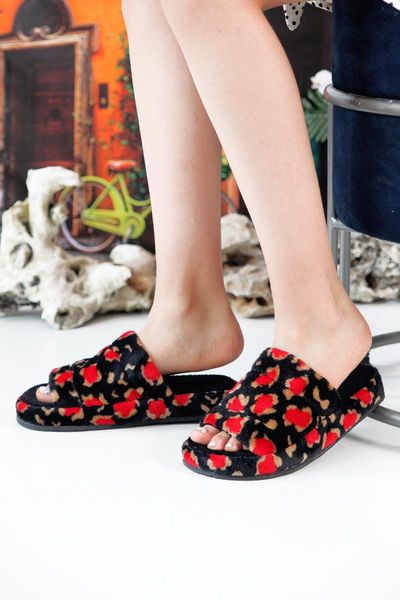 

slippers women's navy blue red open front leopard print home slipper, Black