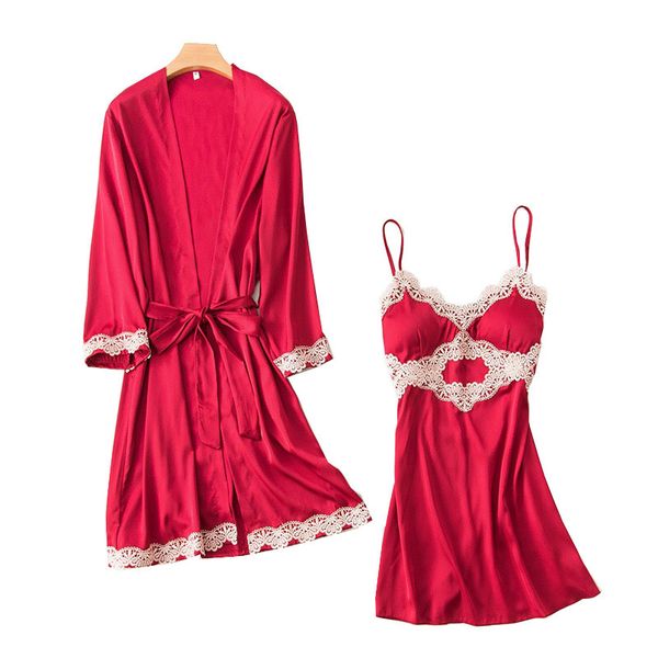 

women's sleepwear spring and fall new women ice-silk nightgown korean style pajamas set solid color lace ladies comfort homew, Black;red