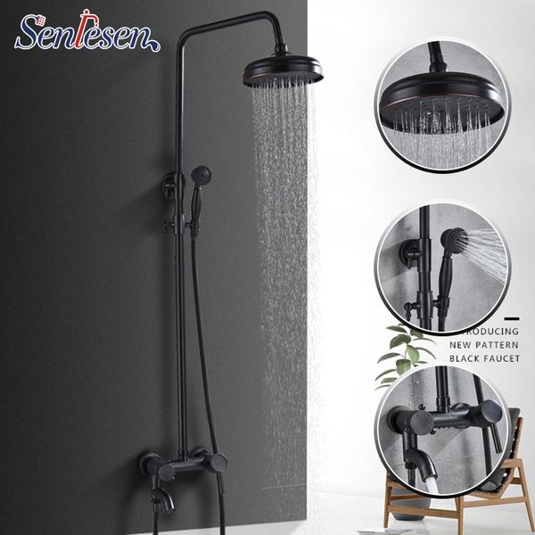 

senlesen bronze brass wall mounted 8" rain shower faucet mixer set for bathroom 180 degree swivel tub spout w/hand sets