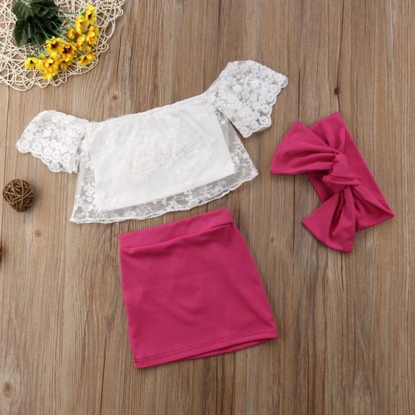 

clothing sets 1-6y cute summer toddler kids girls off shoulder lace floral t shirt+skirts headband 3pcs outfits, White