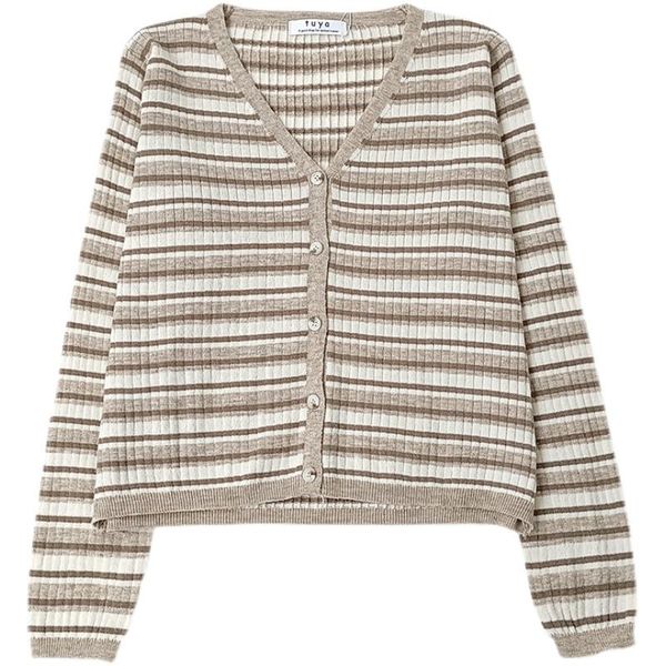 

women's knits & tees autumn v-neck stripe contrast color loose short section long-sleeved knitted cardigan sweater, White