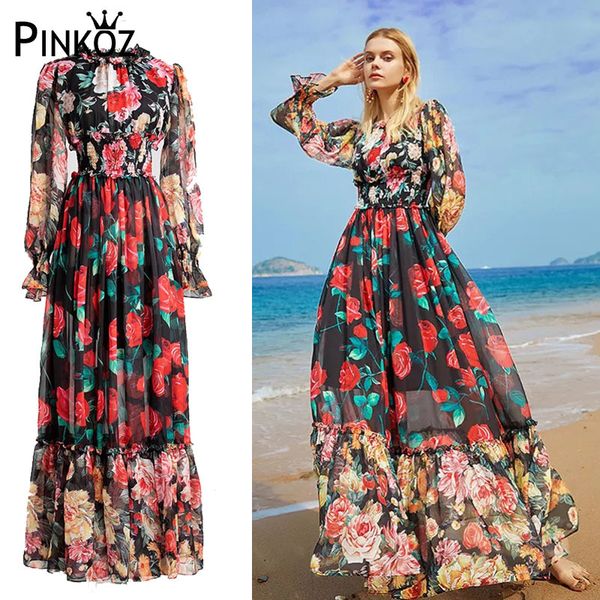 

ashion runway summer long sleeve maxi dress women's elastic waist floral print elegant party holiday vestidos 210421, Black;gray
