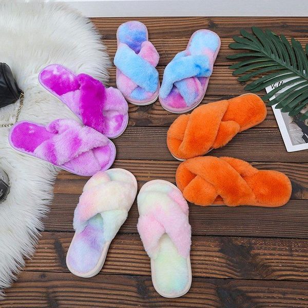 

women house slippers faux fur open toes colorful cross vamp furry warm flats female slides cozy woman shoes, Black