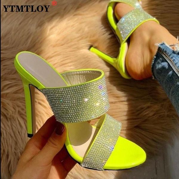 

sandals crystal slippers peep toe high heel dress summer fashion slip on thin heels slides women mules size 35-42 bling, Black