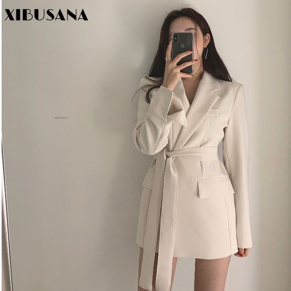 

elegant lace up women blazer casual slim waist office ladies jacket solid color autumn winter blusas femme 210423, White;black