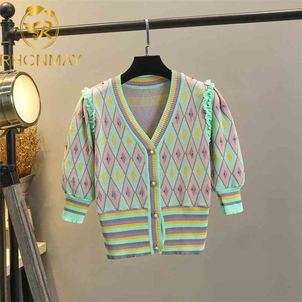 

beading plaid knitted cardigan women summer short sleeve v-neck single breasted ruffles sweater korean elegant jumpers 210506, White