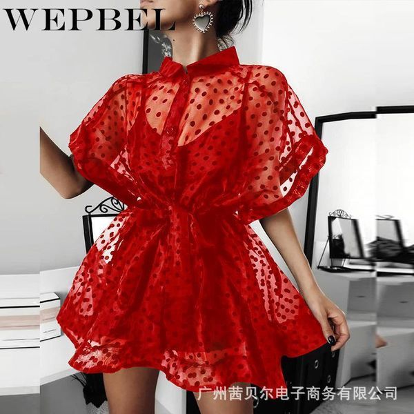 

party dresses wepbel spring and autumn fashion short sleeve high waist turn-down collar mini dress women's polka dot mesh slim fit, White;black