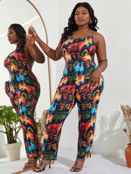 

sxy plus all over print chain detail crisscross backless cami jumpsuit m9db#, Black