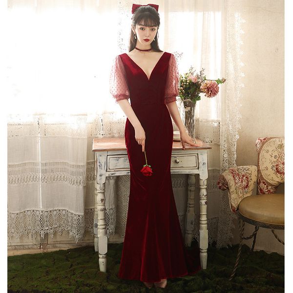 

fishtail toast bride 2021 summer wine red wedding veet long sleeve v-neck evening drs, Black;gray