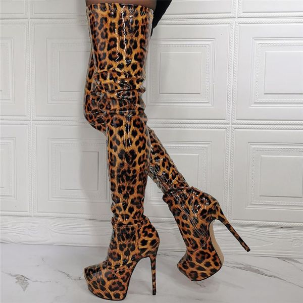 Сапоги бедра сексуальная трубка патентная кожаная леопардовая тонкая каблука 16см супер высокие каблуки платформа ночная туфли мода женщина ботас