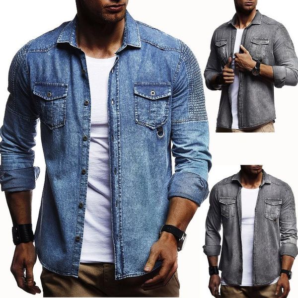 

men's fashion trend solid color pleated shoulder pocket decorative shirt long sleeve jeans button up casual shirts, White;black