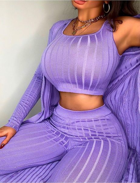 

women's two piece pants autumn winter 3 pieces set stretch ribbed sleeveless crop and long cardigans casual matching women, White