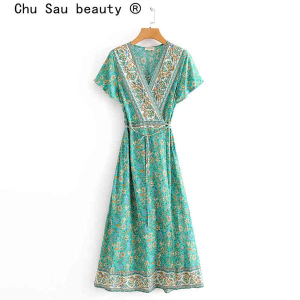 

beauty boho vintage floral print wrap dress women holiday v-neck sashes midi dresses mujer vestido de moda 210514, Black;gray