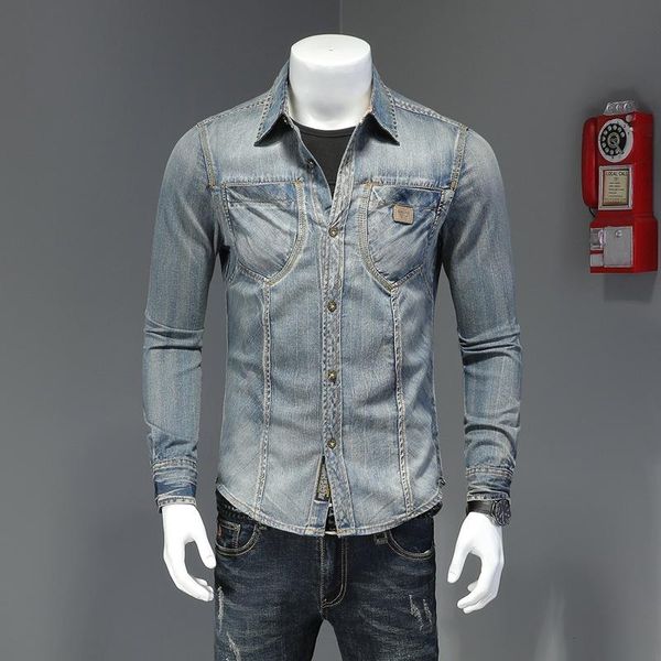 

spring denim shirt men's fashion slim trend brand personality youth leisure long sleeve men casual shirts, White;black