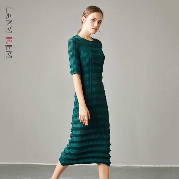 

slim elegant pleated dresses famale summer women's solid color round neck half sleeve elastic yj321 210507, Black;gray