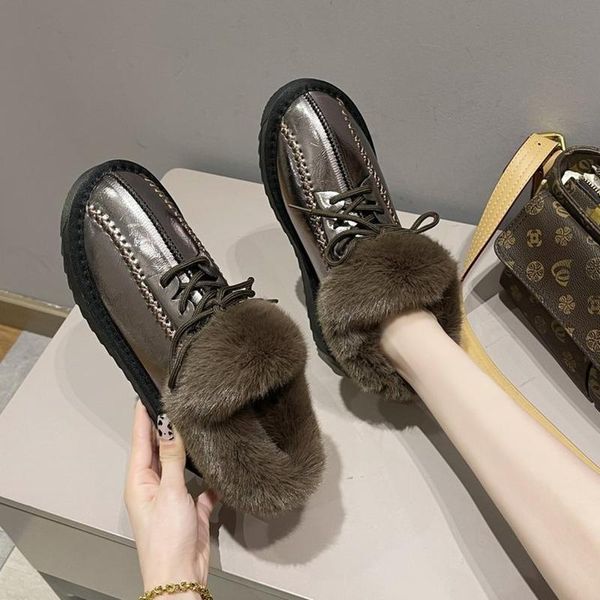 

boots all-match snow women 2021 winter fashion lace plus short plush thick non-slip women's cotton shoes, Black