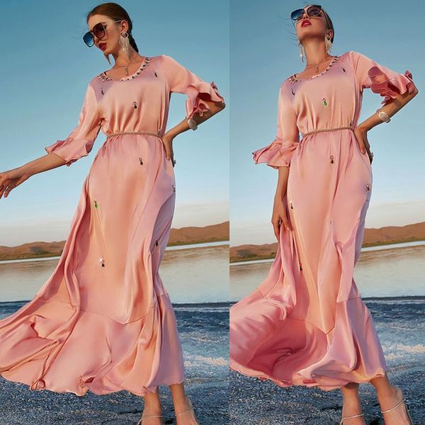 

ethnic clothing high-end women luxury long dress party evening satin rhinestone half sleeve ruffle islamic muslim maxi robe middle east abay, Red