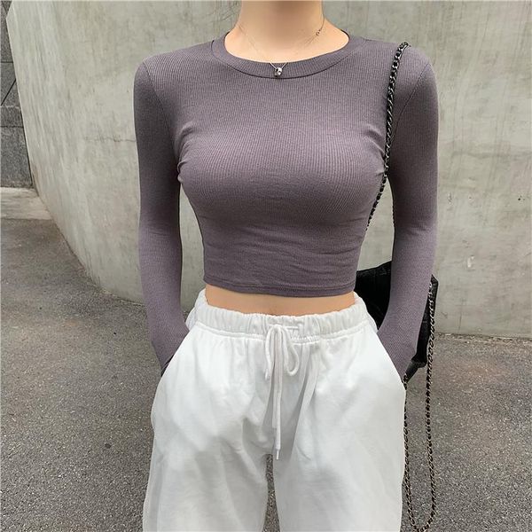 

women's t-shirt women o-neck cropped t-shirts girls full sleeve sheath thin tshirt basic crop for female, White