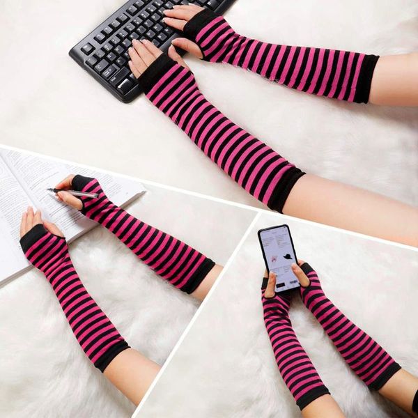 

five fingers gloves long fingerless arm cover striped cotton wrist sleeves warmer sleeve punk gothic, Blue;gray