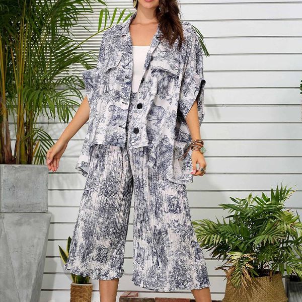 

women's tracksuits fall women 2 piece blouses and pants sets summer elastic waist stripes chiffon wide leg set fashion, Gray